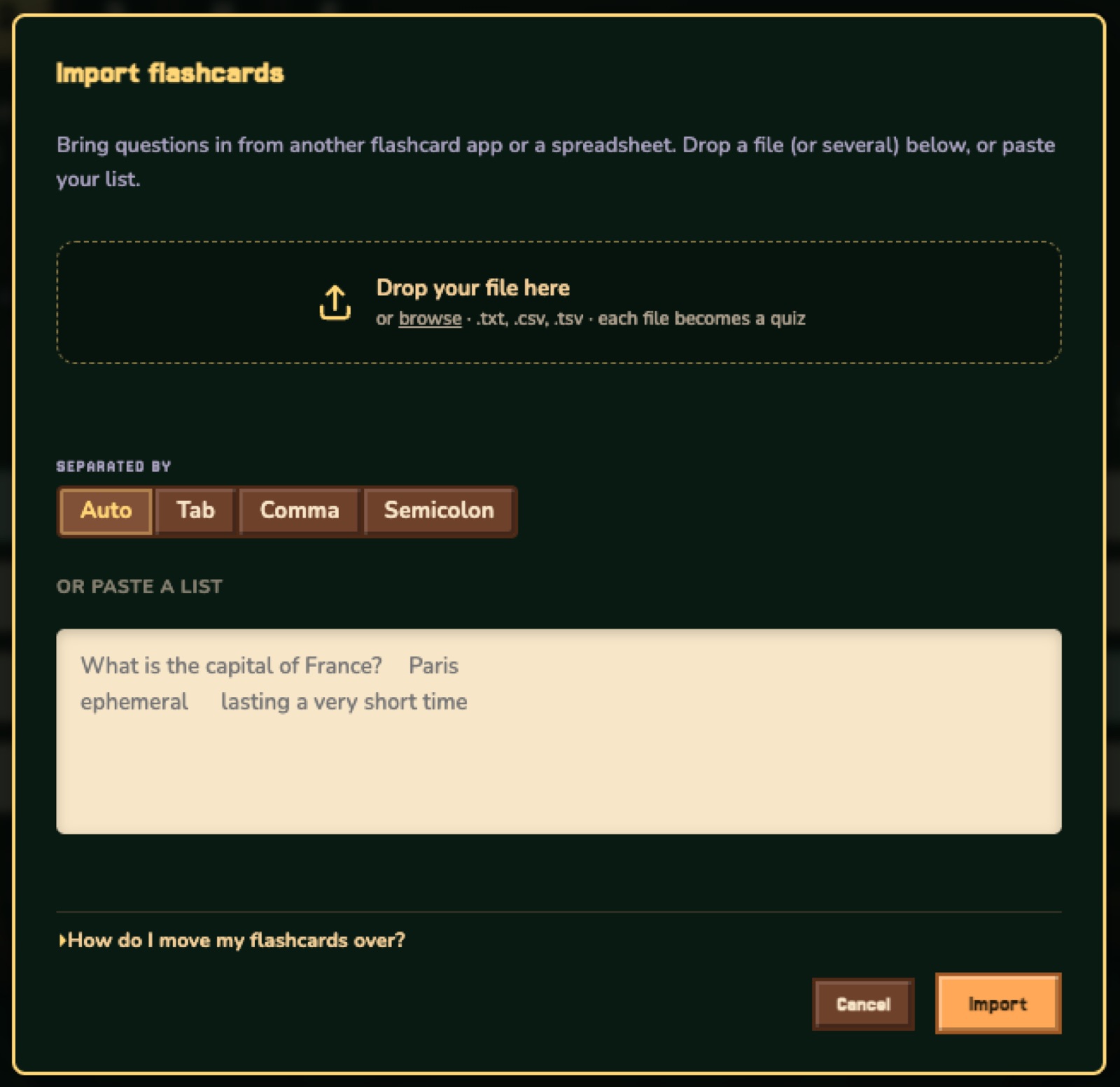 Pasting your own flashcards into Quiz Caster