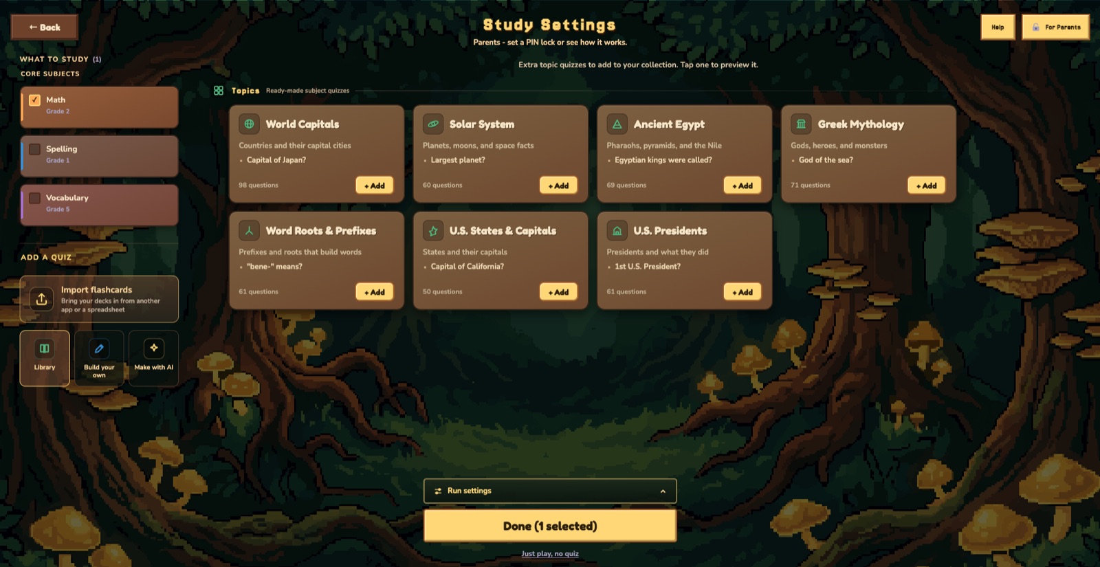 Quiz Caster settings screen, running in a browser tab